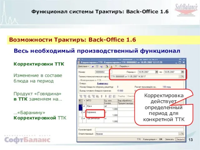 Функционал системы Трактиръ: Back-Office 1.6 Возможности Трактиръ: Back-Office 1.6 Корректировки ТТК Весь