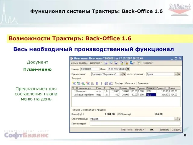 Функционал системы Трактиръ: Back-Office 1.6 Возможности Трактиръ: Back-Office 1.6 Весь необходимый производственный