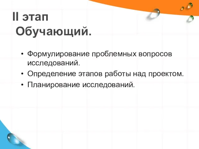 II этап Обучающий. Формулирование проблемных вопросов исследований. Определение этапов работы над проектом. Планирование исследований.