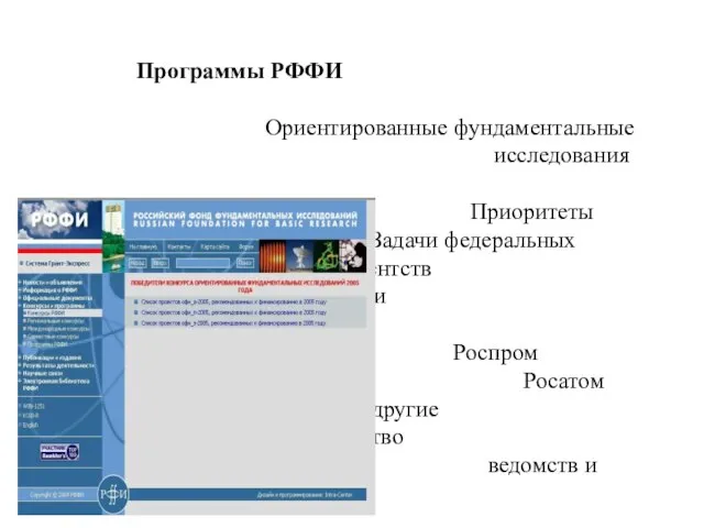 Программы РФФИ Ориентированные фундаментальные исследования Приоритеты Задачи федеральных агентств Критические технологии Роскосмос