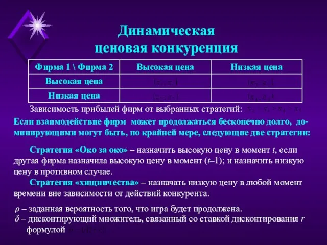 Динамическая ценовая конкуренция Зависимость прибылей фирм от выбранных стратегий: Если взаимодействие фирм