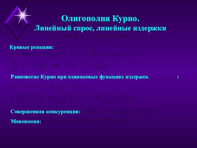 Кривые реакции: Олигополия Курно. Линейный спрос, линейные издержки Равновесие Курно при одинаковых