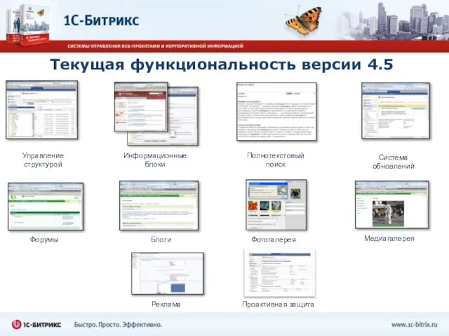 Текущая функциональность версии 4.5 Управление структурой Информационные блоки Фотогалерея Полнотекстовый поиск Система