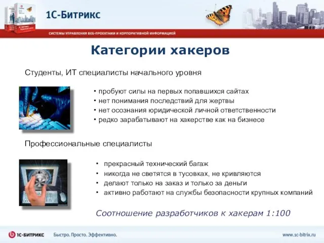 Категории хакеров Студенты, ИТ специалисты начального уровня Профессиональные специалисты пробуют силы на