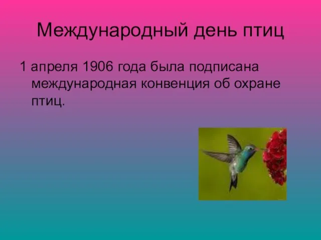 Международный день птиц 1 апреля 1906 года была подписана международная конвенция об охране птиц.