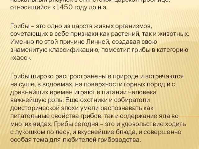 Первым изображением гриба специалисты считают наскальный рисунок в египетской царской гробнице, относящийся