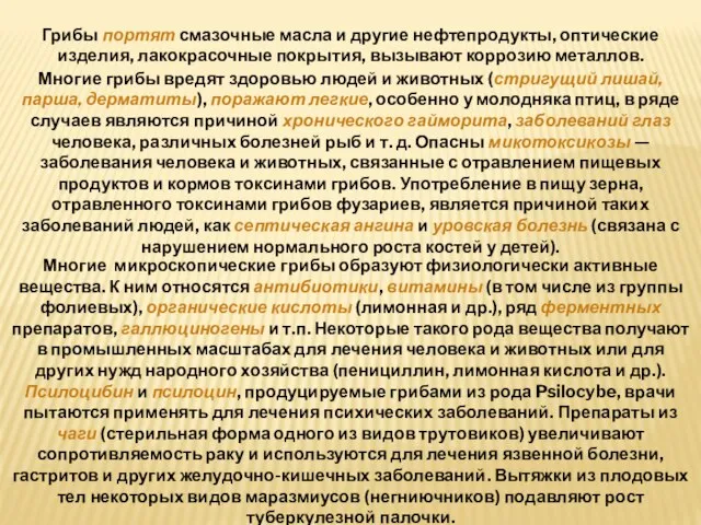 Грибы портят смазочные масла и другие нефтепродукты, оптические изделия, лакокрасочные покрытия, вызывают