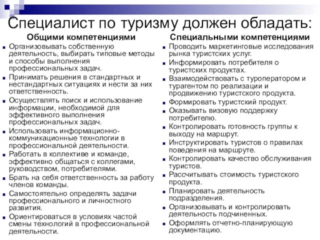 Специалист по туризму должен обладать: Общими компетенциями Организовывать собственную деятельность, выбирать типовые