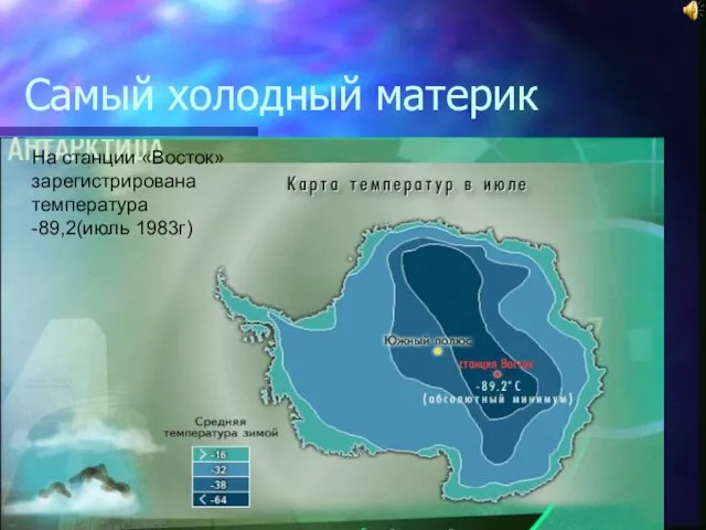 Самый холодный материк На станции «Восток» зарегистрирована температура -89,2(июль 1983г)