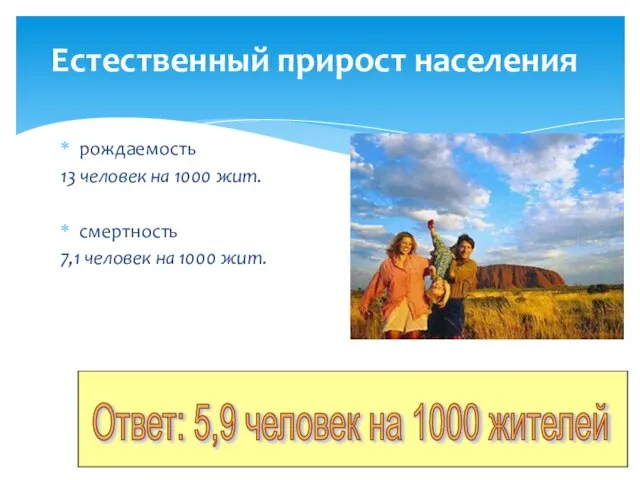 рождаемость 13 человек на 1000 жит. смертность 7,1 человек на 1000 жит.