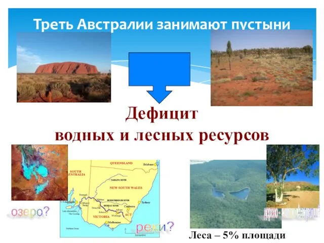 Треть Австралии занимают пустыни Дефицит водных и лесных ресурсов Леса – 5%