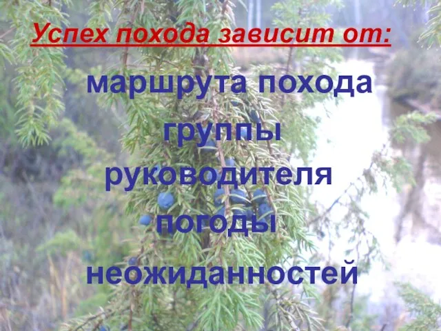 Успех похода зависит от: маршрута похода группы руководителя погоды неожиданностей