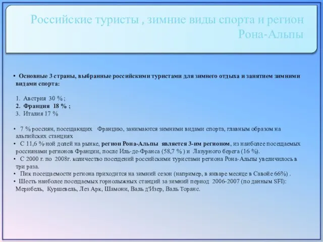 Российские туристы , зимние виды спорта и регион Рона-Альпы Основные 3 страны,