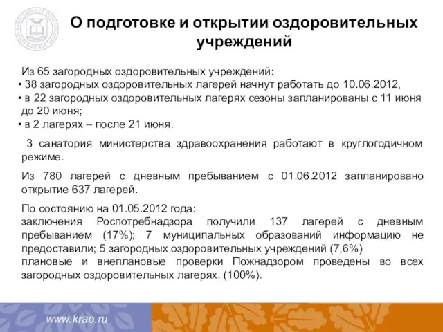 О подготовке и открытии оздоровительных учреждений Из 65 загородных оздоровительных учреждений: 38