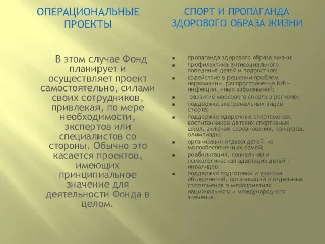 ОПЕРАЦИОНАЛЬНЫЕ ПРОЕКТЫ СПОРТ И ПРОПАГАНДА ЗДОРОВОГО ОБРАЗА ЖИЗНИ В этом случае Фонд