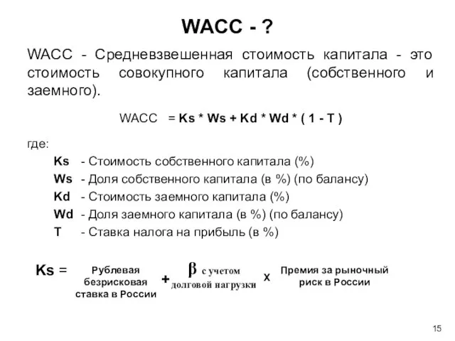 WACC - Средневзвешенная стоимость капитала - это стоимость совокупного капитала (собственного и