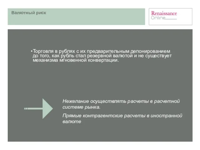 Валютный риск Торговля в рублях с их предварительным депонированием до того, как