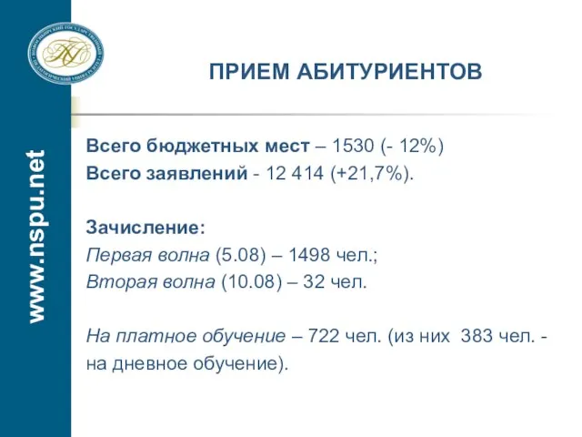 www.nspu.net ПРИЕМ АБИТУРИЕНТОВ Всего бюджетных мест – 1530 (- 12%) Всего заявлений
