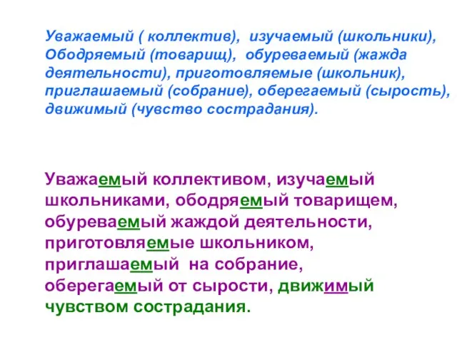 Уважаемый ( коллектив), изучаемый (школьники), Ободряемый (товарищ), обуреваемый (жажда деятельности), приготовляемые (школьник),