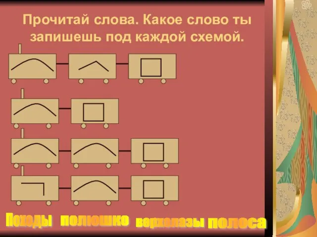 Прочитай слова. Какое слово ты запишешь под каждой схемой. Походы полюшко верхолазы полоса