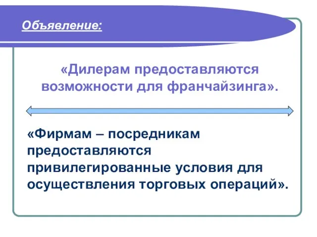 Объявление: «Дилерам предоставляются возможности для франчайзинга». «Фирмам – посредникам предоставляются привилегированные условия для осуществления торговых операций».