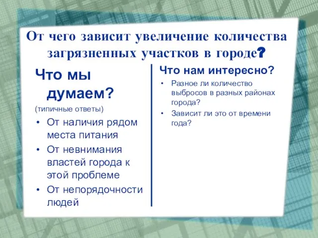 Что мы думаем? (типичные ответы) От наличия рядом места питания От невнимания