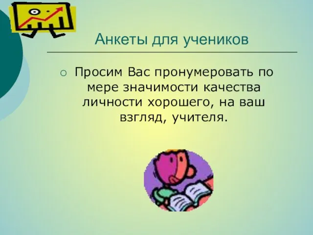 Анкеты для учеников Просим Вас пронумеровать по мере значимости качества личности хорошего, на ваш взгляд, учителя.