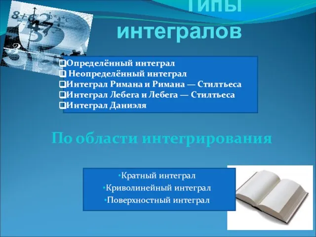 Типы интегралов Кратный интеграл Криволинейный интеграл Поверхностный интеграл По области интегрирования Определённый