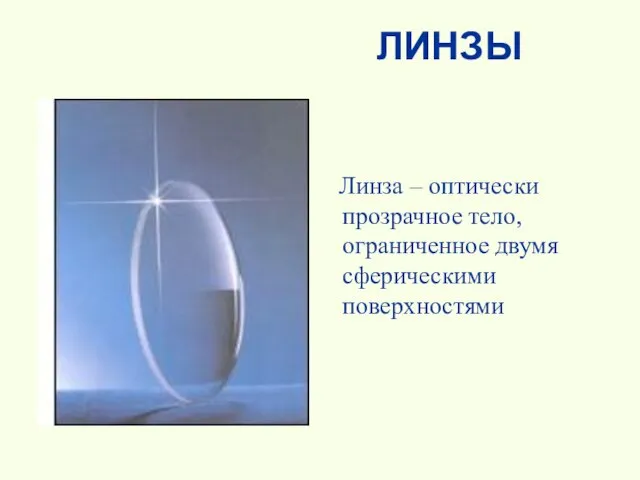 ЛИНЗЫ Линза – оптически прозрачное тело, ограниченное двумя сферическими поверхностями