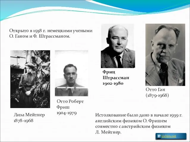 Отто Ган (1879-1968) Фриц Штрассман 1902-1980 Отто Роберт Фриш 1904-1979 Лиза Мейтнер