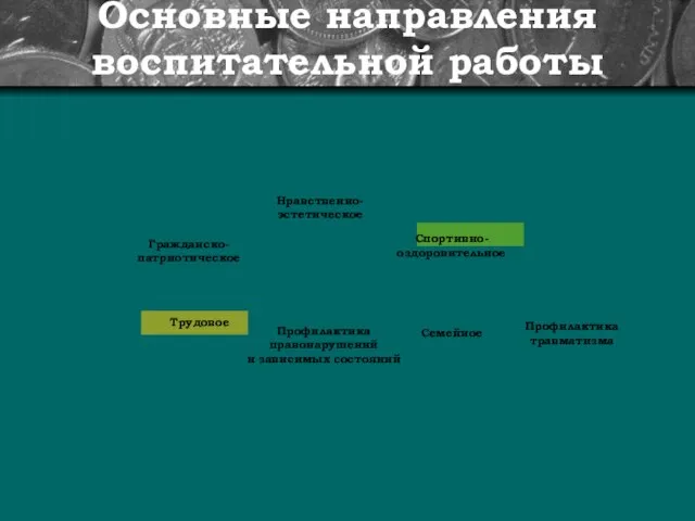 Основные направления воспитательной работы « Гражданско- патриотическое Нравственно- эстетическое Спортивно-оздоровительное Профилактика правонарушений