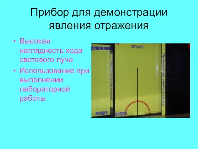 Прибор для демонстрации явления отражения Высокая наглядность хода светового луча Использование при выполнении лабораторной работы