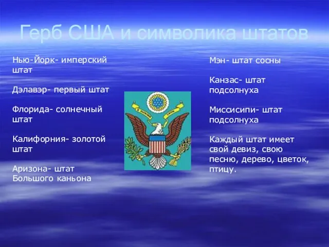 Герб США и символика штатов Нью-Йорк- имперский штат Дэлавэр- первый штат Флорида-