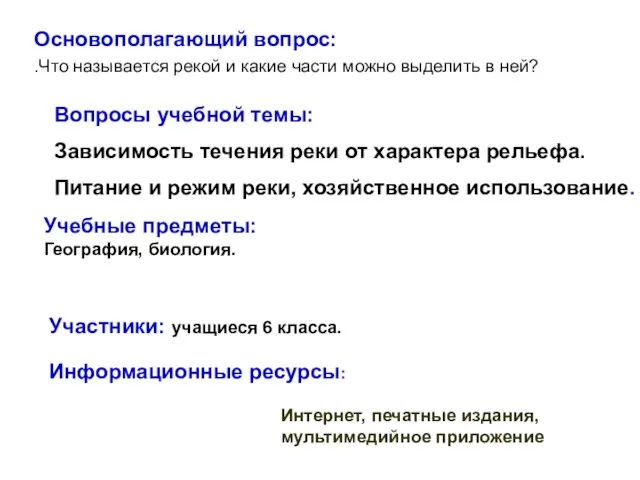 Вопросы учебной темы: Зависимость течения реки от характера рельефа. Питание и режим