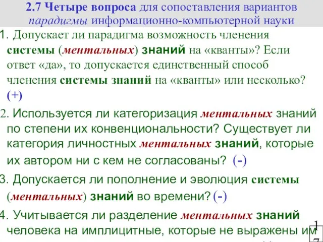 2.7 Четыре вопроса для сопоставления вариантов парадигмы информационно-компьютерной науки 17 Допускает ли