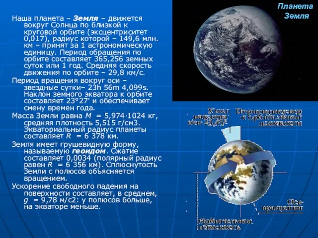 Планета Земля Наша планета – Земля – движется вокруг Солнца по близкой