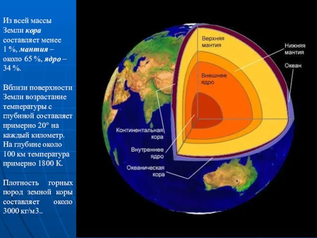 Из всей массы Земли кора составляет менее 1 %, мантия – около