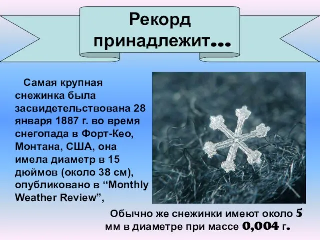 Самая крупная снежинка была засвидетельствована 28 января 1887 г. во время снегопада