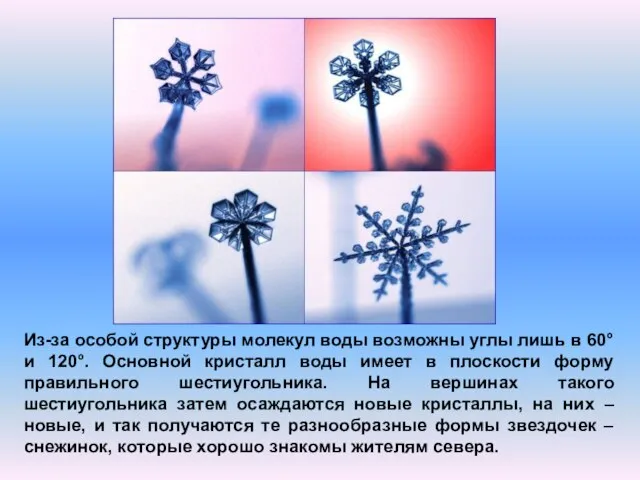 Из-за особой структуры молекул воды возможны углы лишь в 60° и 120°.