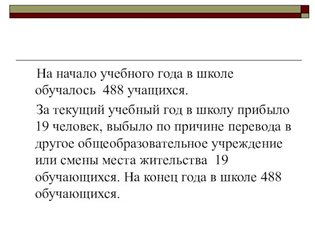 На начало учебного года в школе обучалось 488 учащихся. За текущий учебный