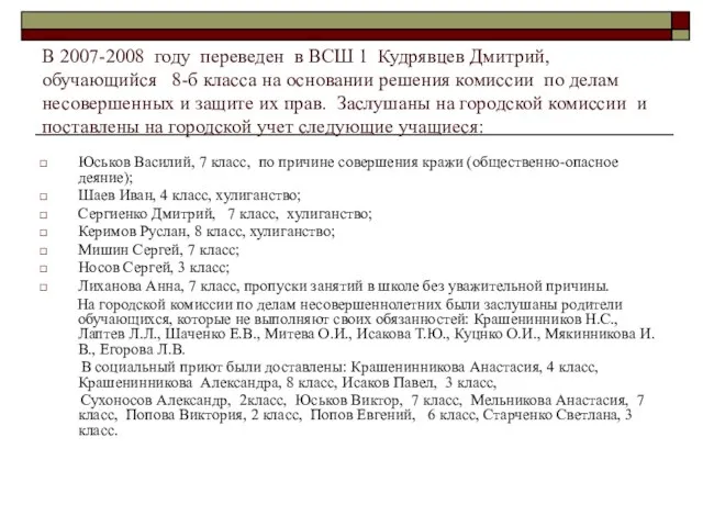 В 2007-2008 году переведен в ВСШ 1 Кудрявцев Дмитрий, обучающийся 8-б класса