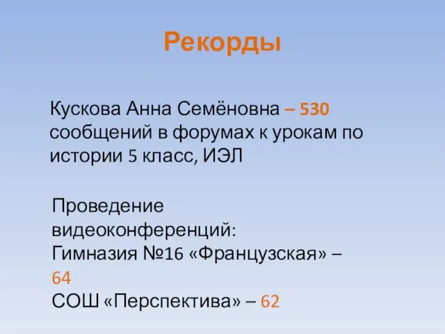 Рекорды Кускова Анна Семёновна – 530 сообщений в форумах к урокам по