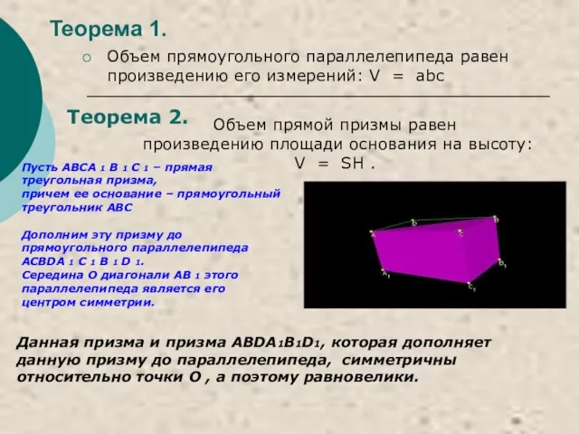 Теорема 1. Объем прямоугольного параллелепипеда равен произведению его измерений: V = abc