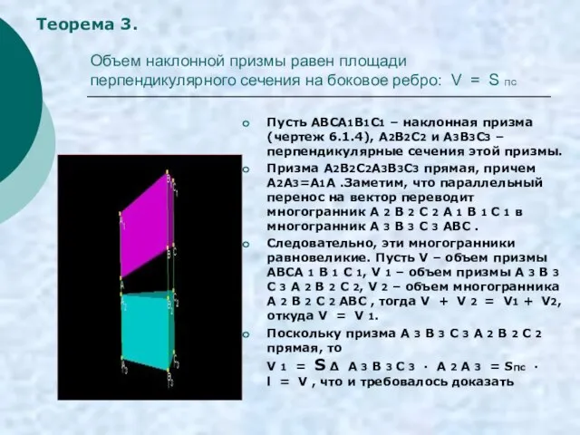 Объем наклонной призмы равен площади перпендикулярного сечения на боковое ребро: V =