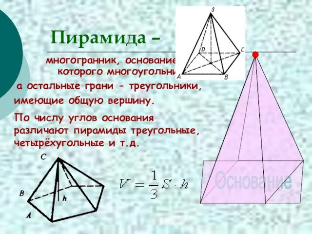 Пирамида – многогранник, основание которого многоугольник, а остальные грани - треугольники, имеющие