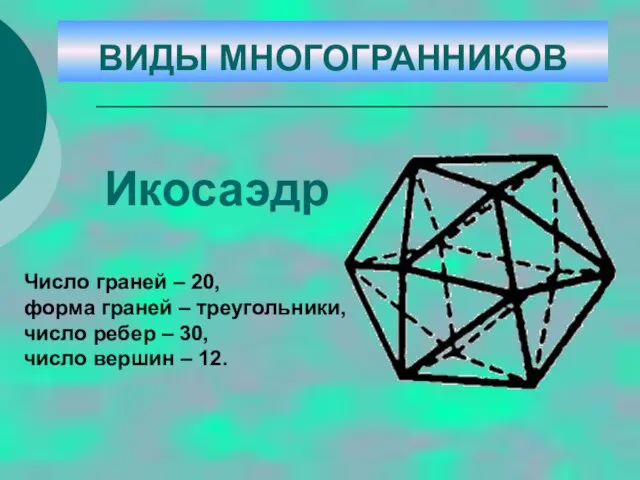 Икосаэдр Число граней – 20, форма граней – треугольники, число ребер –