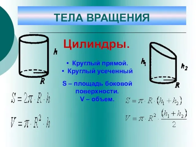 Цилиндры. • Круглый прямой. • Круглый усеченный S – площадь боковой поверхности.