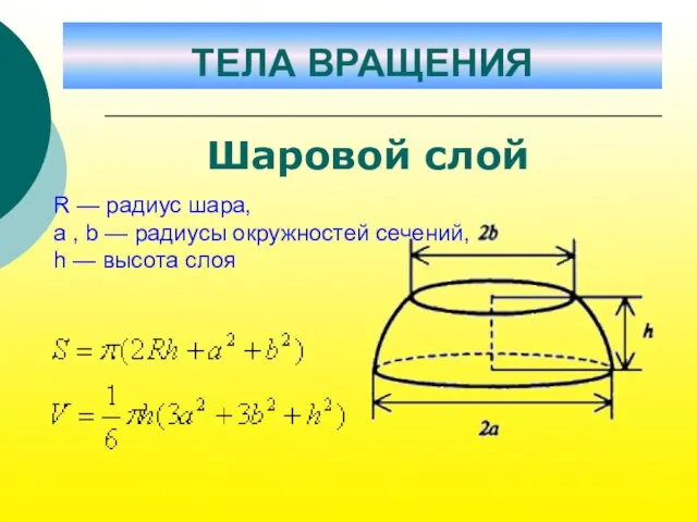 R — радиус шара, a , b — радиусы окружностей сечений, h