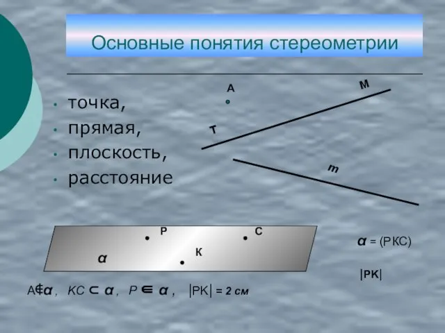 Основные понятия стереометрии точка, прямая, плоскость, расстояние α = (РКС) |PK| A∉α