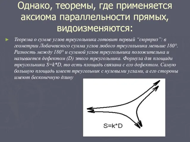 Однако, теоремы, где применяется аксиома параллельности прямых, видоизменяются: Теорема о сумме углов